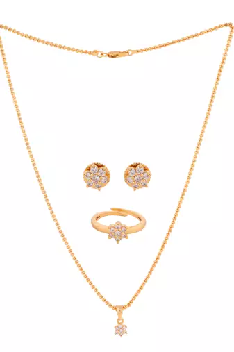 Golden diamond pendant SHORT necklace earrings and finger ring set one gram gold