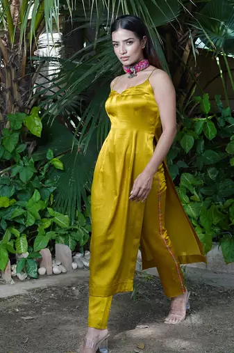 Mustard plain sunheri  kurta set