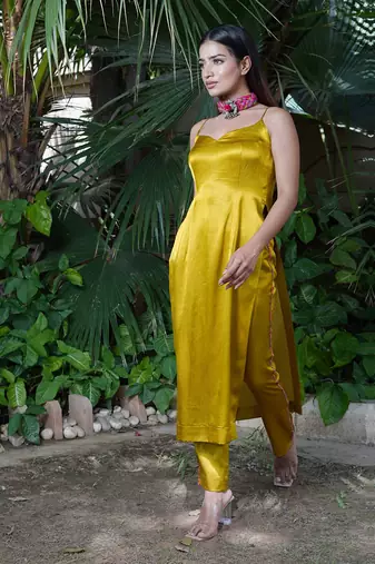 Mustard plain sunheri  kurta set