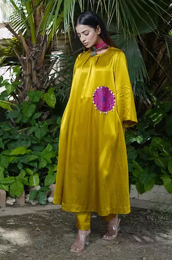 Mustard embroidered sunheri kurta set