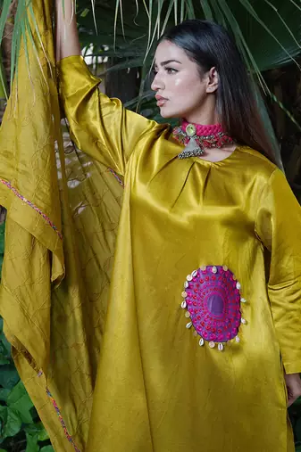 Mustard embroidered sunheri kurta set