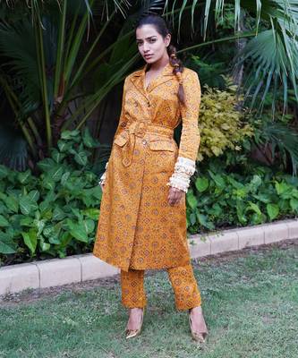 Mustard sunehri printed jacket set 1