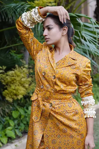 Mustard sunehri printed jacket set