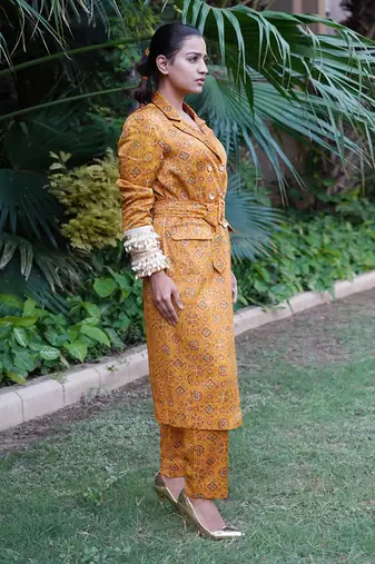 Mustard sunehri printed jacket set