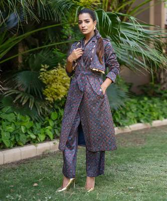 Indigo neelam printed jacket set 1