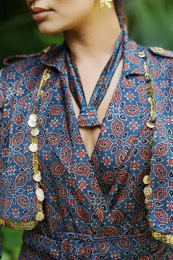 Indigo neelam printed jacket set