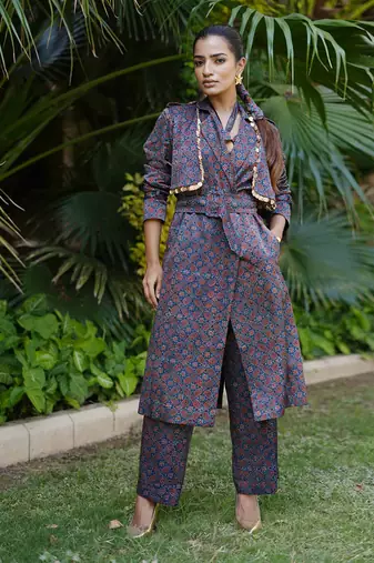 Indigo neelam printed jacket set
