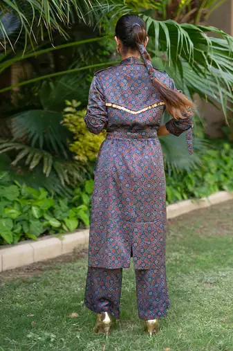Indigo neelam printed jacket set