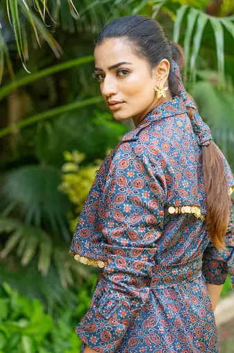 Indigo neelam printed jacket set