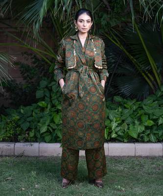 Green panna printed jacket set 1