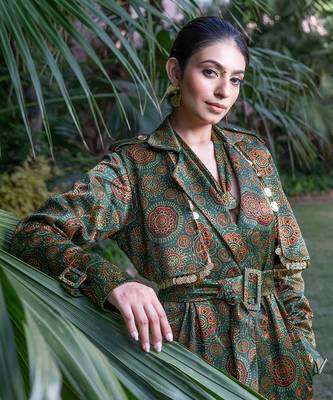 Green panna printed jacket set 2