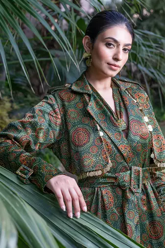 Green panna printed jacket set
