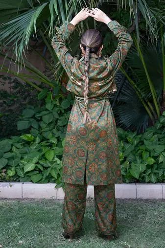 Green panna printed jacket set