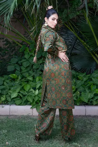 Green panna printed jacket set