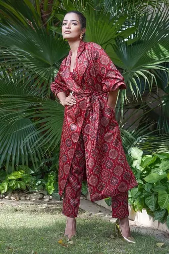 Maroon surkh  printed jacket set
