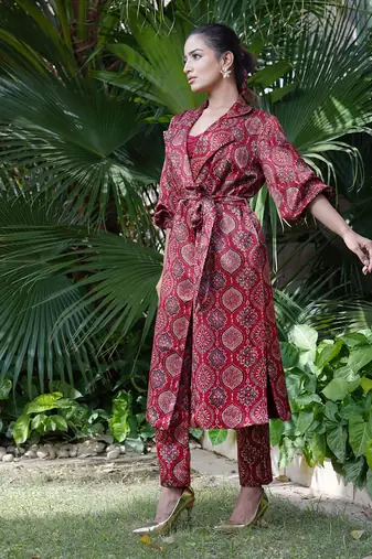 Maroon surkh  printed jacket set