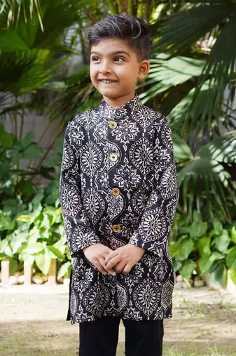 Black printed silk sherwani