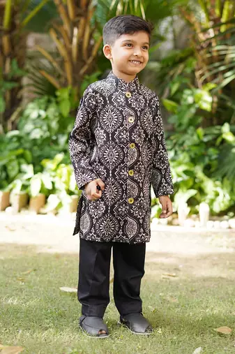 Black printed silk sherwani