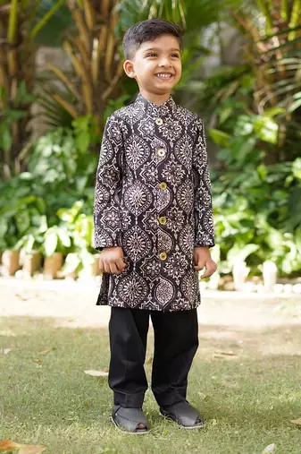 Black printed silk sherwani