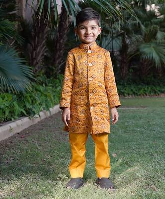 Mustard printed silk sherwani 1