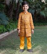 Mustard printed silk sherwani