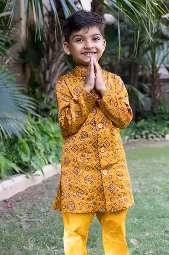 Mustard printed silk sherwani