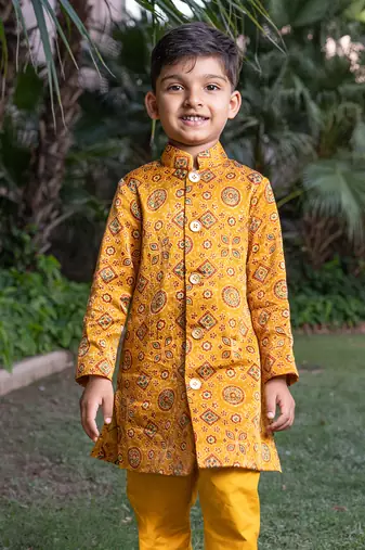 Mustard printed silk sherwani