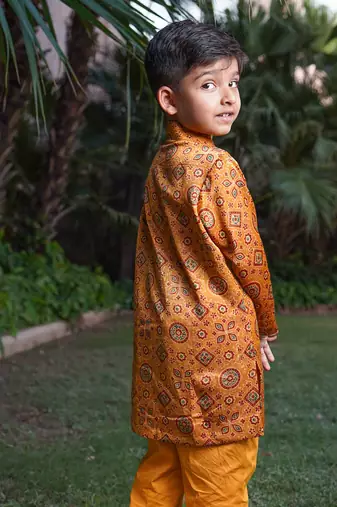 Mustard printed silk sherwani