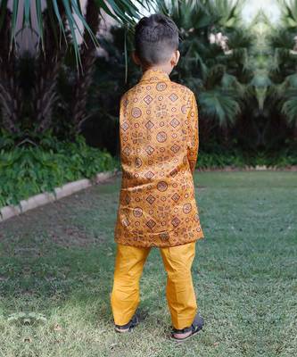 Mustard printed silk sherwani 5