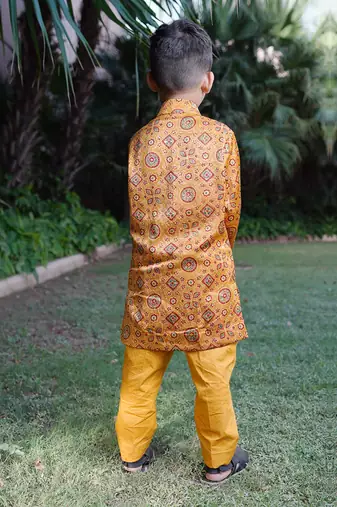 Mustard printed silk sherwani