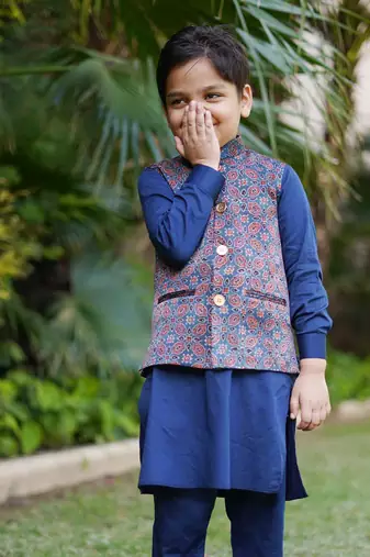 Navy blue printed silk kurta set