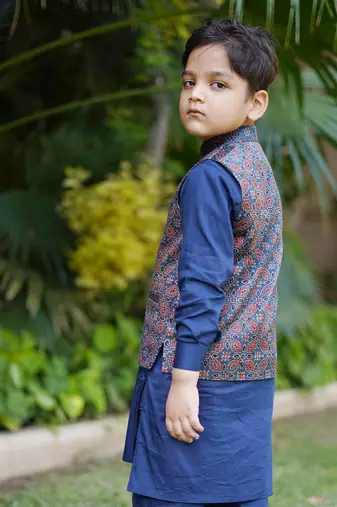 Navy blue printed silk kurta set