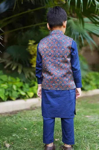 Navy blue printed silk kurta set