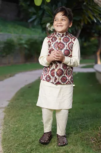 Off white printed silk kurta set