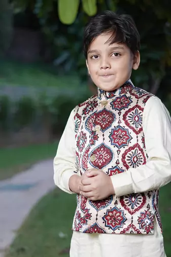Off white printed silk kurta set
