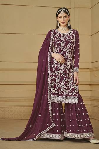 Faux georgette embroidered wine plazzo suit