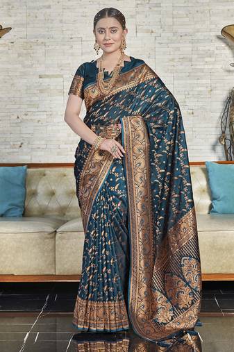 Deep Blue Faux Banarasi Jaal Katan Silk Zari Woven Saree