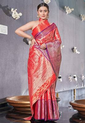 Red  Faux kanchipuram silk jaal traditional rich zari woven saree 2