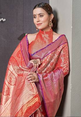 Red  Faux kanchipuram silk jaal traditional rich zari woven saree 3