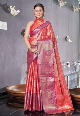 Red  Faux kanchipuram silk jaal traditional rich zari woven saree 1