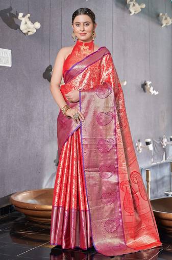 Red  Faux kanchipuram silk jaal traditional rich zari woven saree