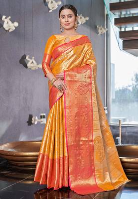 Yellow  Faux kanchipuram silk jaal traditional rich zari woven saree 1