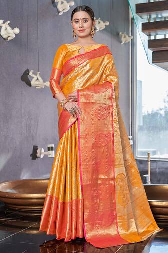 Yellow  Faux kanchipuram silk jaal traditional rich zari woven saree