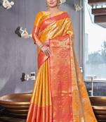 Yellow  Faux kanchipuram silk jaal traditional rich zari woven saree