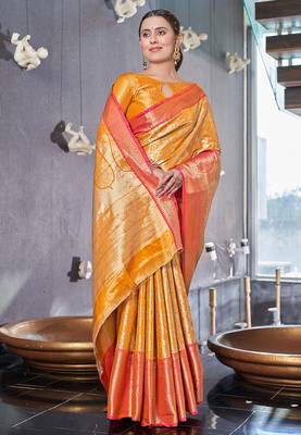 Yellow  Faux kanchipuram silk jaal traditional rich zari woven saree 2