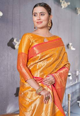 Yellow  Faux kanchipuram silk jaal traditional rich zari woven saree 3