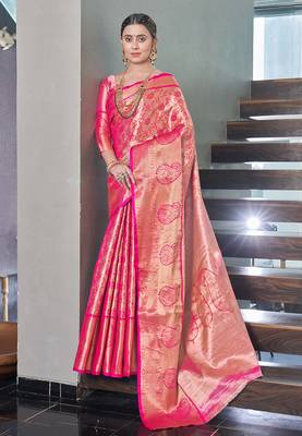 Pink  Faux kanchipuram silk jaal traditional rich zari woven saree 1