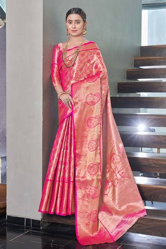Pink  Faux kanchipuram silk jaal traditional rich zari woven saree