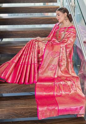 Pink  Faux kanchipuram silk jaal traditional rich zari woven saree 2