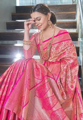 Pink  Faux kanchipuram silk jaal traditional rich zari woven saree 3